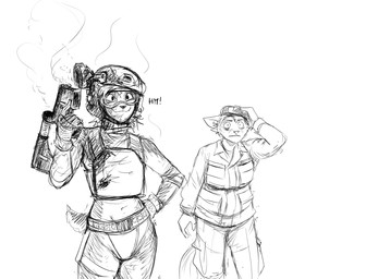 after_explosion anthro bulletproof_vest clothing duo eyewear goggles hand_on_hip midriff military_helmet military_uniform text uniform wide_eyed hladilnik peggy_patterson samantha_thott canid canine canis domestic_dog fox mammal 2025 comic english_text hi_res monochrome sketch
