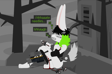 accessory anthro armor blood bodily_fluids choker female fur green_hair hair hair_accessory hairpin jewelry necklace sitting solo text weapon dog_brained fallout microsoft humanoid lagomorph leporid mammal rabbit absurd_res digital_media_(artwork) english_text hi_res