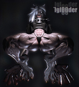 anthro bikini clothing collar feet female glowing glowing_eyes gold_nails horror_(theme) muscular solo spread_legs spread_toes spreading swimwear toes two-piece_swimsuit veiny_legs iglooder juzy_(brothersmiler) canid mammal 3d_(artwork) absurd_res blender_(artwork) digital_media_(artwork) hi_res