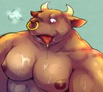 anthro barazoku biped blush bodily_fluids cum cum_on_chest genital_fluids horn kemono male manly moobs muscular muscular_male nipples solo tongue tongue_out un0sk bovid bovine cattle mammal 2013 half-length_portrait portrait