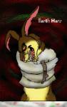 abstract_background ambiguous_gender anthro bound brown_body brown_fur fangs fur green_eyes notched_ear restraints simple_background smile solo straitjacket teeth white_straitjacket yellow_body yellow_fur ravel-xavier march_hare lagomorph leporid mammal rabbit 2001