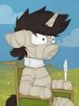 bandage body_cast cast cloud day detailed_background feral horn male outside sky solo tablet_pen vehicle wheelchair marsminer firmly_grasp_it_(meme) hasbro my_little_pony mythology nickelodeon spongebob_squarepants fan_character pone_keith equid equine mammal mythological_creature mythological_equine unicorn 2018 meme