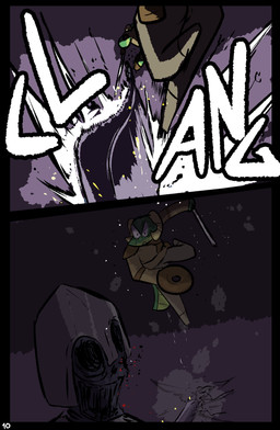 female green_body holding_melee_weapon holding_object holding_shield holding_sword holding_weapon jumping melee_weapon shield sword text weapon brradett microsoft the_elder_scrolls lernie_(brradett) argonian scalie absurd_res comic english_text hi_res