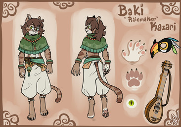 anthro athletic bangle bard beads belt belt_pouch bottomwear brown_hair claws clothing cloud eyewear fur glasses green_clothing green_eyes hair harem_pants jewelry long_hair looking_at_viewer lute male male_anthro mask musical_instrument musician necklace pants pattern_clothing plucked_string_instrument poncho sash shirtless shirtless_anthro shirtless_male solo string_instrument striped_body striped_fur stripes tan_body tan_fur wearing_glasses white_body white_fur atryl paizo pathfinder baki_kazari domestic_cat felid feline felis mammal tabby_cat 2025 model_sheet