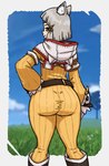 belt big_butt blue_background bodysuit butt butt_pose clothing cloud female grass grey_hair hair hand_on_hip hoodie looking_at_viewer looking_back looking_back_at_viewer plant pose rear_view short_hair simple_background skinsuit sky skyscape smile solo thick_thighs tight_clothing topwear tree wide_hips yellow_bodysuit yellow_clothing yellow_eyes yellow_skinsuit rottedpaint xenoblade_(series) xenoblade_chronicles_2 nia_(xenoblade) animal_humanoid blade_(xenoblade) felid felid_humanoid feline feline_humanoid gormotti humanoid mammal mammal_humanoid