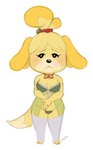 2019 animal_crossing anthro bell bluechika blush breasts canid canine canis clothed clothing dated dipstick_tail domestic_dog female fur hair hi_res isabelle_(animal_crossing) legwear looking_at_viewer mammal markings nintendo panties shih_tzu simple_background solo standing tail tail_markings toy_dog underwear white_background yellow_body yellow_fur