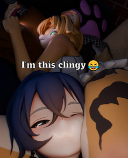 5_fingers anthro bed bedroom between_legs between_thighs blonde_hair blue_blanket blue_eyes blue_hair blurred_background bottomwear brick brick_wall caption captions cat_smile checkered_blanket claws clothed clothed_female clothing crop_top denim denim_bottomwear denim_clothing denim_shorts duo ear_piercing ear_ring ear_tuft electronics emoji eye_half_closed eye_reflection eyebrows eyelashes face_on_pillow face_squish female female/female fingers floppy_ears fluffy fluffy_tail fur furniture glistening glistening_eyes glowing glowing_eyes glowing_pupils gradient_hair green_eyes grey_eyebrows hair holding_object holding_phone human_on_anthro interspecies looking_at_object looking_at_phone looking_at_viewer lying markings one_eye_closed orange_pillow pawpads phone piercing pillow reflection ring_piercing shirt short_hair shorts sleeveless_clothing sleeveless_shirt smile smug smug_face squish striped_body striped_fur striped_hair striped_markings stripes tail taking_picture taking_selfie text thick_thighs topwear tuft wall_(structure) white_body white_clothing white_fur white_shirt white_topwear wide_hips yellow_body yellow_fur actuallysine captainflapcats_(rigger) valorlynz_(modeler) blender_cycles i'm_this_clingy mihoyo zenless_zone_zero belle_(zenless_zone_zero) pulchra_fellini domestic_cat felid feline felis human mammal thiren 3d_(artwork) absurd_res blender_(artwork) digital_media_(artwork) hi_res