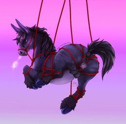 anus bdsm big_butt black_anus black_body black_fur black_mane black_vulva bondage bound butt female feral fur genitals hooves mane pink_eyes puffy_anus restraints rope rope_bondage rope_harness solo submissive submissive_female submissive_feral teats vulva poppy_feral equid equine horse mammal hi_res