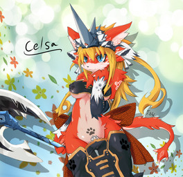 :3 anthro armor axe blue_eyes breasts camel_toe clothed clothing convincing_weapon female melee_weapon skimpy solo tail unconvincing_armor under_boob weapon dragoon86 celsa felid mammal
