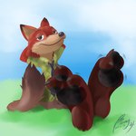 3_toes anthro barefoot black_pawpads bottomwear claws clothing curling_toes feet field foot_focus grass hands_behind_head looking_at_viewer male pants pawpads paws plant reclining shirt soles solo toe_claws toe_wiggle toes topwear benj24 disney zootopia nick_wilde canid canine fox mammal red_fox true_fox 1:1