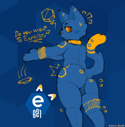 anthro backsack balls blue_body blue_fur butt collar darkened_balls darkened_genitalia dialogue fur genitals hexagon looking_at_viewer male mascot nude orange_eyes rear_view shaking_butt solo tail yellow_eyes kreivi_ruche e621 esix domestic_cat felid feline felis mammal