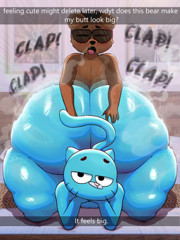 anal anthro big_butt blue_body blue_fur blush blush_lines bodily_fluids brown_body brown_fur butt butt_jiggle caption clap_(sound_effect) cute_fangs duo eyebrows eyes_closed eyewear fangs fur glistening glistening_butt glistening_thighs hand_on_butt huge_butt jiggling looking_at_viewer male male/male motion_blur motion_lines musk open_mouth raised_eyebrows raised_tail size_difference smug smug_face steam steaming_body sunglasses sweat sweaty_body sweaty_butt tail teeth text thick_thighs senordraws cartoon_network the_amazing_world_of_gumball gumball_watterson bear domestic_cat felid feline felis mammal english_text hi_res