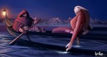 anthro armor boat cloak clothing cropped_jacket duo female floppy_ears hood lamp lantern lop_ears male night paddle rowing vehicle water watercraft hiverdose last_fables eni_siverets_(last_fables) the_slayer_(last_fables) canid canine canis hare lagomorph leporid mammal wolf