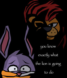 anthro goku_xenoverse_stare hand_on_mouth shitpost stare text xenoverse_stare hot_knives reader_rabbit sam_the_lion felid lagomorph leporid lion mammal pantherine rabbit english_text hi_res meme
