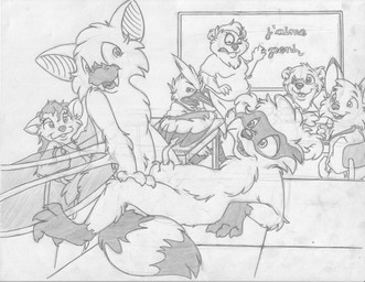 3_toes ambiguous_gender anal anal_penetration anatomically_correct anatomically_correct_genitalia anatomically_correct_penis animal_genitalia animal_penis annoyed anthro anthro_on_anthro balls being_watched biped breasts buckteeth classroom clenched_teeth clothed clothing detailed_background disgust duo_focus erection exhibitionism exposure_to_minor eye_contact fangs feathered_wings feathers feet female fur fur_markings furniture genitals gloves_(marking) group half-closed_eyes holding_object information_board interspecies leg_markings looking_at_another looking_at_partner looking_back lying male male/male male_focus male_penetrated male_penetrating male_penetrating_male markings membrane_(anatomy) membranous_wings narrowed_eyes nude on_back on_table open_mouth open_smile penetration penis perspective public public_sex raccoon_penis school sex sheath shirt shota sitting smile socks_(marking) standing student table table_lotus_position teacher teacher_and_student teeth text toes topwear unprofessional_behavior voyeur whiteboard winged_arms wings young young_anthro mizzyam chris_kirster jake_cottontail lyle_weatherworth meg_breta mitch_savours mizzy sachel avian bat bear bird canid canine domestic_cat felid feline felis fox lagomorph leporid mammal mustelid otter picid procyonid rabbit raccoon woodpecker absurd_res french_text graphite_(artwork) greyscale hi_res monochrome traditional_media_(artwork) translated