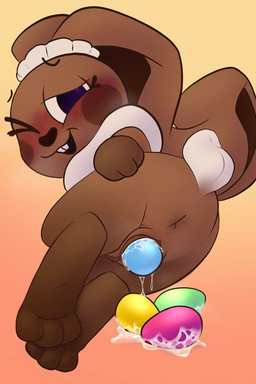 anthro blush brown_body brown_fur candy chocolate chocolate_bunny dessert egg female food fur hand_on_butt looking_at_viewer looking_back lying on_side oviposition solo tail white_tail supersponger blushcrunch_studio dandy's_world cocoa_(dandy's_world) animate_inanimate lagomorph leporid mammal rabbit hi_res