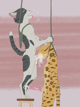 4_toes 5_fingers animal_genitalia animal_penis arms_tied balls barefoot bdsm black_body black_fur black_stripes blue_eyes blue_sclera bodily_fluids bondage bound brown_spots brown_stripes cum cum_drip cum_in_mouth cum_inside cum_on_leg cum_on_penis cum_on_tongue cum_overflow death digitigrade dripping duo erection eyebrows eyes_closed feet feline_genitalia feline_penis fellatio fingers fur fuzzy gasp genital_fluids genitals hands_behind_back hands_tied hands_tied_behind_back hanged imminent_hanging inner_ear_fluff male male/male markings multicolored_body multicolored_fur noose nude open_mouth oral orange_nose orgasm pawpads penile penis pink_ears pink_pawpads pink_penis pink_tongue restrained_arms restraints rope rope_bondage sex sheath simple_background smile spots spotted_body spotted_fur standing stripes tail teeth toes tongue tongue_out tongue_out_fellatio tuft whiskers white_body white_eyebrows white_fur yellow_body yellow_fur chuchochi domestic_cat felid feline felis mammal absurd_res hi_res