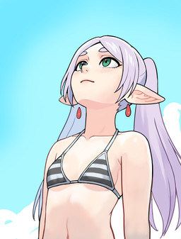 bikini bikini_top breasts circle_eyebrows clothing collarbone ear_piercing eyebrows eyelashes female green_eyes hair humanoid_pointy_ears light_body light_skin looking_up not_furry pattern_bikini pattern_clothing pattern_swimwear piercing pointy_ears small_breasts solo striped_bikini striped_clothing striped_swimwear stripes swimwear twintails_(hairstyle) two-piece_swimsuit white_hair watcher_hollow frieren_beyond_journey's_end frieren_looking_up frieren elf humanoid 2025 absurd_res half-length_portrait hi_res meme portrait