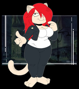 3_toes 4_fingers anthro barefoot big_breasts biped black_bottomwear black_choker black_clothing black_eyebrows black_jacket black_jewelry black_necklace black_pants black_topwear bottomwear breasts choker cleavage clothed clothed_anthro clothed_female clothing eyebrow_through_hair eyebrows eyelashes feet female female_anthro fingers fur hair hair_over_eye half-closed_eyes jacket jewelry long_hair looking_at_viewer markings mole_(marking) mole_on_breast narrowed_eyes necklace one_eye_obstructed open_clothing open_jacket open_topwear pants pink_nose red_hair screencap shirt smile smirk solo style_emulation tail tan_body tan_ears tan_fur tan_tail text thick_thighs toes topwear translucent translucent_hair white_clothing white_shirt white_topwear toxicsoul77 fritz_the_cat toon_michaela domestic_cat felid feline felis mammal 2018 absurd_res artist_name colored dated digital_drawing_(artwork) digital_media_(artwork) full-length_portrait hatching_(art) hi_res portrait shaded signature
