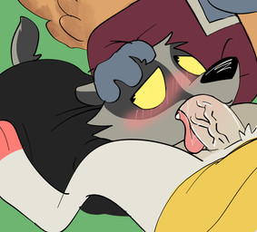 anthro assisted_oral balls big_penis blush bodily_fluids clothed clothing crossgender ftg_crossgender fti_crossgender genitals group gynomorph gynomorph/male hand_on_head intersex intersex/male looking_away male penis saliva shy tongue tongue_out trio crazymazies angel_hare the_east_patch angel_gabby angel_zaggy francis_(angel_hare) angel_hare_(the_east_patch) badger mammal mustelid musteline hi_res