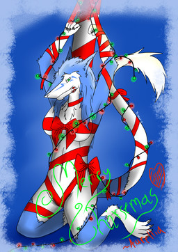anthro bdsm bondage bound breasts candy candy_cane christmas_decorations christmas_lights dessert female food holidays presenting ribbons solo string_light_bondage string_lights tail tysavarin christmas aurellia_savarin alien mammal sergal 2017 absurd_res digital_media_(artwork) hi_res