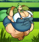 3_toes anthro belly_overhang big_breasts blurred_background bottomwear breasts breath brown_body brown_eyes brown_fur cheek_tuft chest_tuft cleavage clothed clothing denim denim_bottomwear denim_clothing denim_shorts facial_tuft feet female food fruit fur gloves_(marking) grass green_hair hair holding_object huge_breasts leg_markings markings melon morbidly_obese obese obese_female overalls overweight overweight_female plant shirt shorts socks_(marking) solo standing tan_body tan_fur thick_thighs toes topwear tuft undershirt walking watermelon white_clothing white_shirt white_topwear wide_hips drokmars nintendo pokemon victoria_(umbrabree) eeveelution elemental_creature flora_fauna generation_4_pokemon leafeon mammal pokemon_(species) 2023 absurd_res hi_res