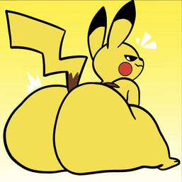anthro big_butt butt fur gradient_background huge_butt looking_back male red_cheeks shortstack shortstack_male simple_background smug solo yellow_body yellow_fur kmcrawolfy nintendo pokemon generation_1_pokemon pikachu pokemon_(species) hi_res