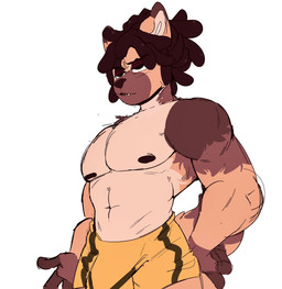 anthro biceps black_eyes bottomwear brown_body brown_fur bulge clothing dreadlocks fur half-closed_eyes male muscular muscular_anthro muscular_male narrowed_eyes navel nipples open_mouth pecs shorts simple_background solo standing tan_body tan_fur white_background yellow_bottomwear yellow_clothing yellow_shorts akachionmain devin_(yungyiff) canid canine canis domestic_dog german_shepherd herding_dog mammal pastoral_dog hi_res