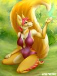2017 5_fingers anthro big_breasts big_tail breasts clothed clothing day detailed_background digital_media_(artwork) eyelashes female fingers fluffy fluffy_tail fur grass hair hi_res kneeling mammal one-piece_swimsuit outside p-v-s pink_eyes pink_hair pink_nose plant rodent sciurid swimwear tail tan_body tan_fur tree_squirrel wide_hips yellow_body yellow_fur