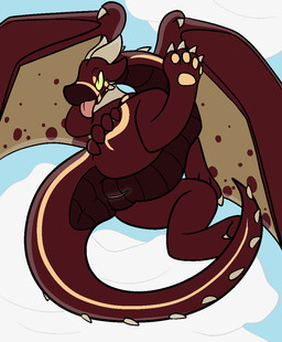 claws cloud day female feral flying genitals green_sclera horn looking_at_viewer membrane_(anatomy) membranous_wings nude outside simple_background sky smile solo spikes tail tongue tongue_out vulva wings trout_(artist) mythology dragon mythological_creature mythological_scalie scalie 2016 aliasing digital_media_(artwork)
