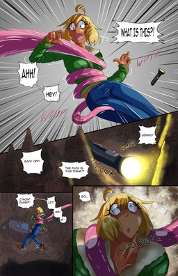 blonde_hair blue_bottomwear blue_clothing blue_eyes blue_jeans blue_pants boots bottomwear cave clothing denim denim_bottomwear denim_clothing dialogue dialogue_box duo female flashlight footwear hair jacket jeans male pants restrained restrained_by_tentacles shadow shoes sound_effects stalactite stalagmite tentacles topwear dr_artist miaryu_(dr_artist) tera_rollins_(dr_artist) alien human mammal colored comic