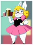 anthro beverage biped blonde_hair blue_eyes blush buckteeth clock clothed clothing collar dress eyewear female footwear glasses hair high_heels looking_away pumps shoes short short_stack slightly_chubby solo teeth thick_thighs tray waiter watch crovirus zinnthos angela_goldhart lagomorph leporid mammal rabbit artist_collaboration hi_res