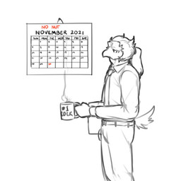 accessory anthro beak belt bottomwear calendar clothing coffee_mug feathers hair male necktie pants ponytail shirt side_view slim slim_anthro slim_male solo steam tail tail_feathers text topwear marvolk no_nut_november flamie_(marvolk) avian bird 2021 english_text hi_res meme sketch