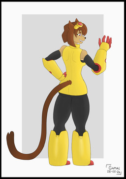 anthro armor armored_boots black_border border brown_body brown_fur brown_hair brown_tail clothed clothed_anthro clothed_female clothing eyewear female female_anthro fur gauntlets gloves goggles hair handwear power_suit red_eyes solo tail tan_body tan_fur thick_thighs wide_hips gamal gameoverse glitch_productions kit_bodega domestic_cat felid feline felis mammal 2026 dated hi_res