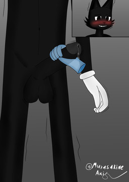 5_fingers ambiguous_gender anthro balls big_balls big_penis black_body black_fur blush bodily_fluids clothing duo fingers fur genital_fluids genitals gloves hand_on_penis handjob handwear holding_penis leaking_precum male male/ambiguous penile penis precum sex skinny slim smile throbbing throbbing_balls throbbing_penis white_clothing white_gloves white_handwear murasakine_fox trevor_henderson cartoon_cat_(trevor_henderson) ych_(character) felid feline mammal monster hi_res