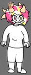 anthro blonde_hair bottomwear broken_horn claws clothing female fur grey_background hair horn narrowed_eyes pink_hair sharp_teeth shirt shorts simple_background solo teeth topwear white_body white_bottomwear white_clothing white_fur white_hair white_shirt white_shorts white_topwear wide_head funnyman2 zernufurry_(character) arachnowo arachnowo_humanized arachnowo_necromaster hi_res