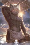 abs anthro biceps brown_body brown_fur front_view fur hair looking_at_viewer male muscular muscular_anthro muscular_male partially_submerged pecs serratus solo towel wet wet_body wet_fur white_hair biri lifewonders tokyo_afterschool_summoners tadatomo_(tas) canid canine canis domestic_dog mammal 2023 hi_res