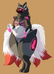 4_ears 4_tails ambiguous_gender anthro belly belly_grab beverage black_body black_fur cybernetics fur machine multi_ear multi_tail red_body red_fur simple_background slushie solo tail thick_thighs white_body white_fur pichurria cyborg protogen absurd_res hi_res