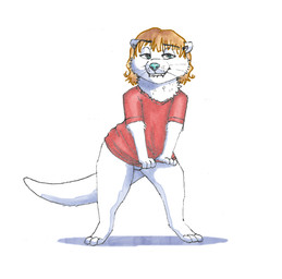 anthro biped bite biting_lip clothed clothing cute_fangs fangs feet female fur looking_at_viewer narrowed_eyes partially_clothed paws shadow simple_background solo tail teeth toes whiskers white_background white_body white_fur letodoesart sam_tg mammal mustelid otter absurd_res hi_res traditional_media_(artwork)