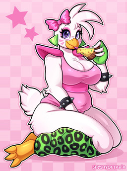 accessory anthro beak beakstick belly belly_overhang big_breasts bow_ribbon bracelet breasts cleavage clothed clothing deep_navel eating eating_food eyelashes feathers female food furgonomics hair_accessory hair_bow hair_ribbon jewelry kneeling leg_warmers legwear leotard lipstick looking_at_viewer makeup navel navel_outline non-mammal_breasts non-mammal_navel pink_clothing pink_leotard pizza purple_eyes ribbons shoulder_pads slightly_chubby slightly_chubby_anthro slightly_chubby_female smile solo spiked_bracelet spikes tail thick_thighs white_body white_feathers shyshyoctavia five_nights_at_freddy's five_nights_at_freddy's:_security_breach scottgames steel_wool_studios glamrock_chica avian bird chicken galliform phasianid hi_res
