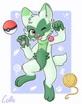 ambiguous_gender anthro ball_of_yarn blue_background fur green_body green_fur looking_at_viewer paws pokeball simple_background smile solo tail white_background yarn coille conditional_dnp nintendo pokemon felid feline floragato generation_9_pokemon mammal pokemon_(species) absurd_res digital_media_(artwork) hi_res