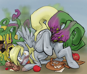 abstract_background amber_eyes anal anal_penetration anus apple ass_up blonde_hair blush cutie_mark double_penetration envelope feathered_wings feathers female feral food forced fruit genitals grey_body grey_feathers hair letter mail messenger_bag muffin multiple_penetration penetration plant rape sex simple_background solo tail tentacle_rape tentacle_sex tentacles vaginal vaginal_penetration vulva wings hallogreen friendship_is_magic hasbro my_little_pony mythology derpy_hooves_(mlp) equid equine mammal monster mythological_creature mythological_equine pegasus 2012 artist_collaboration