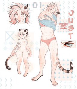 abstract_background anthro black_hair blue_clothing blue_eyes blue_topwear cheek_tuft clothed clothing facial_tuft female female_anthro front_view fur glistening glistening_eyes hair mouth_closed multicolored_hair navel nude panties pink_body pink_fur pink_hair red_clothing red_panties red_topwear red_underwear solo standing topwear tuft underwear undressing white_body white_fur white_hair justkiddinb felid mammal hi_res model_sheet