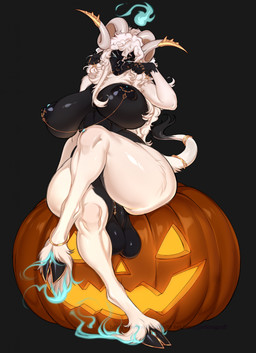 accessories_only accessory anthro areola balls big_balls big_breasts black_areola black_background black_balls black_body black_breasts black_nipples breasts crossed_legs ear_piercing eyelashes facial_piercing floating_fire fur furgonomics genital_piercing genitals glistening glistening_areola glistening_breasts gynomorph hair hooves horn intersex jack-o'-lantern looking_at_viewer looking_down looking_down_at_viewer mouth_piercing nipple_piercing nipples nose_piercing nose_ring penis penis_piercing piercing regalia ring_piercing simple_background sitting_on_pumpkin small_waist solo tail tail_accessory text thick_thighs white_body white_eyelashes white_fur white_hair polina_graff bovid mammal 2025 digital_media_(artwork) hi_res signature url