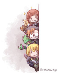 anthro black_body black_fur blonde_hair chibi cloak clothing cowl eyewear female fur glasses green_body group hair male multicolored_hair orange_body orange_fur peeking_around_corner red_hair smile merume_digi bandai_namco digimon digimon_beatbreak makoto_kuonji reina_sakuya tomoro_tenma chiropmon digimon_(species) gekkomon human mammal pristimon 1:1