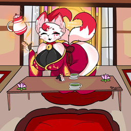 :3 anthro beverage blush clothing container cup dipstick_tail eyes_closed female flower fur furniture inside magic markings open_:3 pink_flower plant red_clothing red_tail_tip smile solo table tail tail_markings tea tea_cup teapot thick_thighs white_body white_fur wide_hips salchikokokoko canid canine fox mammal 1:1 hi_res