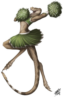 3_toes anthro barefoot biped bottomwear brown_body brown_scales brown_tail cheerleader claws clothed clothing crop_top fangs feet female flat_chested green_bottomwear green_clothing green_shirt green_skirt green_topwear jumping open_mouth pom_poms pupils rattle_(anatomy) scales shirt simple_background skirt slit_pupils solo tail teeth toe_claws toes topwear uniform white_background yellow_eyes lizet pit_viper rattlesnake reptile scalie snake viper 2020 digital_media_(artwork) hi_res signature