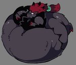 ambiguous_gender belly big_belly black_body black_fur feral fur hair huge_belly hyper hyper_belly inflation red_hair simple_background solo pukupukudragon nintendo pokemon generation_5_pokemon pokemon_(species) zoroark 2020