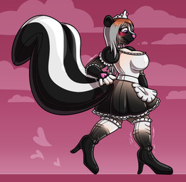 abstract_background anthro blush boots breasts brown_hair bulge clothing female footwear glistening glistening_body gloves grey_hair hair handwear heart_symbol high_heeled_boots high_heels latex maid_apron maid_headdress maid_uniform mid_transformation null null_bulge purple_eyes shoes solo transformation transformation_through_technology uniform walking metallicumbrage human mammal mephitid skunk absurd_res hi_res