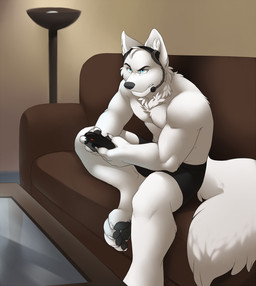 anthro biped black_pawpads blue_eyes clothed clothing controller electronics fur furniture game_controller headgear headphones headset holding_controller holding_object lamp male pawpads sitting sofa solo topless white_body white_fur jailbird kiba_(kibawolfpup) canid canine canis mammal wolf digital_media_(artwork)